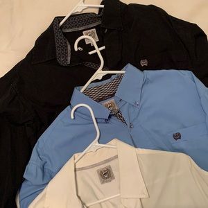 (3) Three Cinch men’s shirts size Medium, black, blue, white.